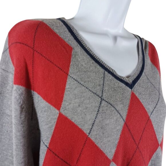 Brooks Brothers Preppy Sweater Mens L Argyle Gray Red Navy V Neck Cotton Wool - Picture 3 of 9
